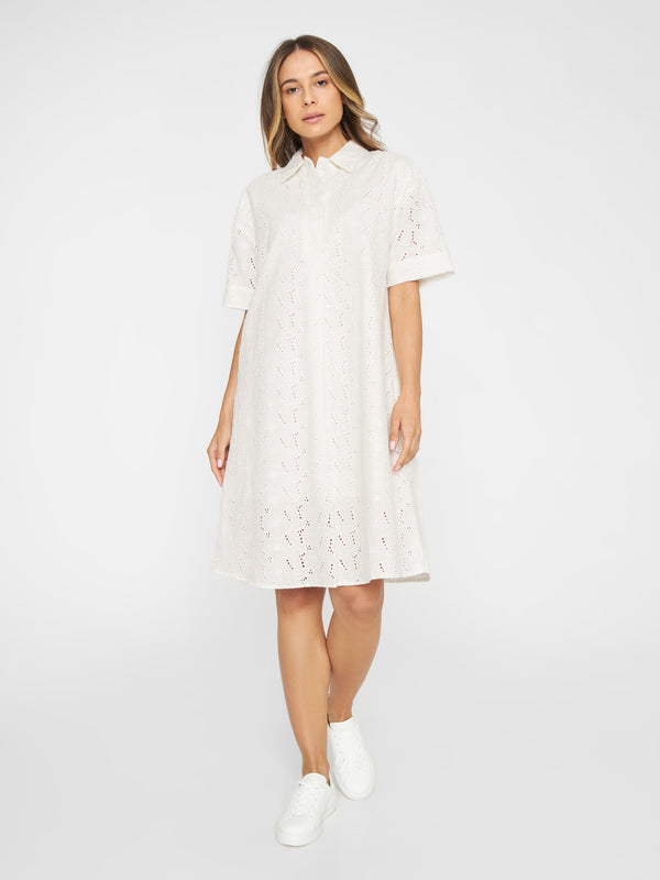 KnowledgeCotton Apparel - WMN A-shape broderi anglaise dress - GOTS/Vegan Dresses 1387 Egret