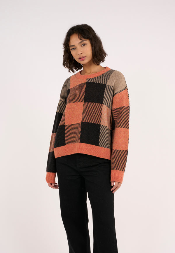 KnowledgeCotton Apparel - WMN Boxy pixel check crew neck Knits 1367 Autumn Leaf