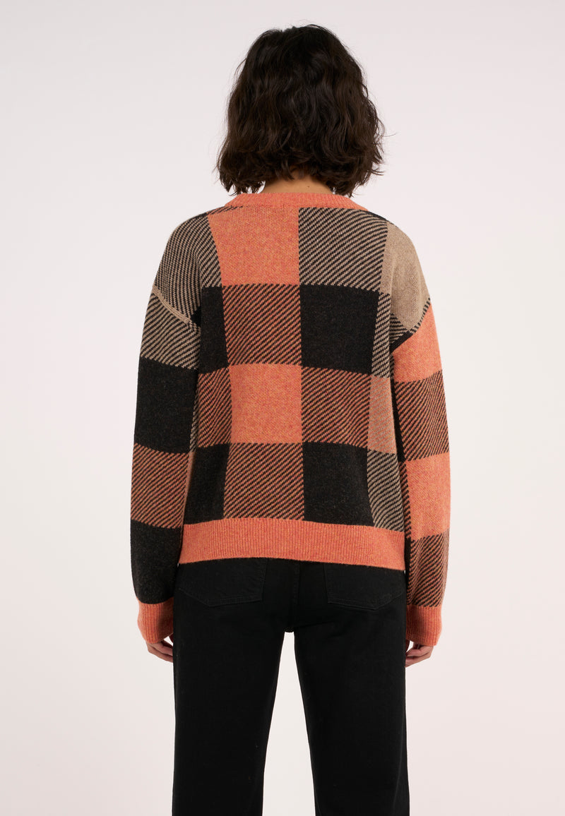 KnowledgeCotton Apparel - WMN Boxy pixel check crew neck Knits 1367 Autumn Leaf