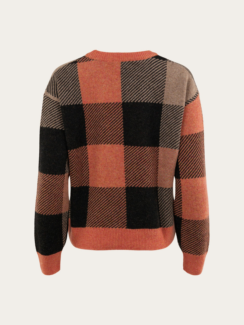 KnowledgeCotton Apparel - WMN Boxy pixel check crew neck Knits 1367 Autumn Leaf