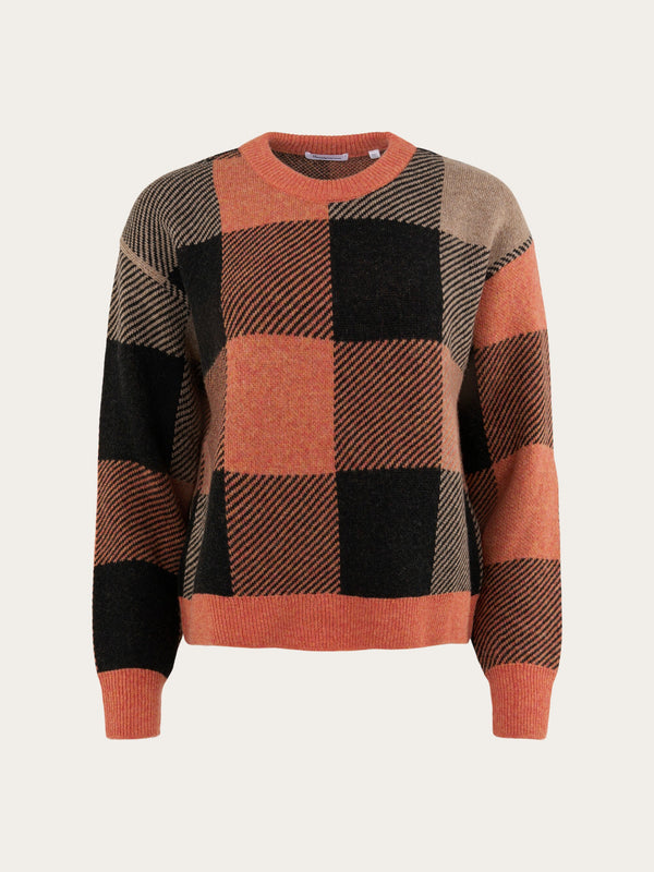 KnowledgeCotton Apparel - WMN Boxy pixel check crew neck Knits 1367 Autumn Leaf