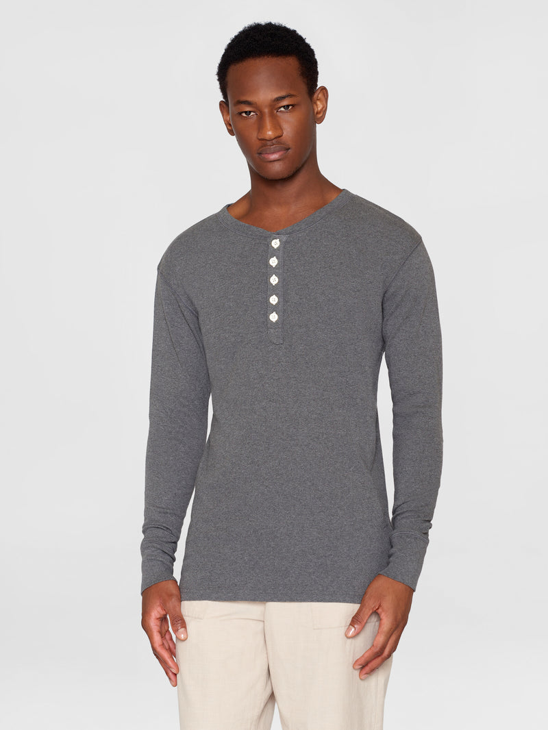 KnowledgeCotton Apparel - MEN CEDAR LS Henley Long Sleeves 1073 Dark Grey Melange