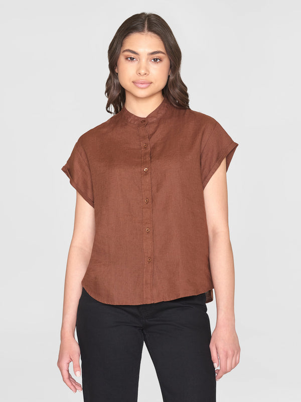 KnowledgeCotton Apparel - WMN Collar stand short sleeve linen shirt Shirts 1441 Tiramisu