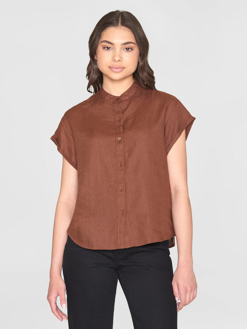 KnowledgeCotton Apparel - WMN Collar stand short sleeve linen shirt Shirts 1441 Tiramisu