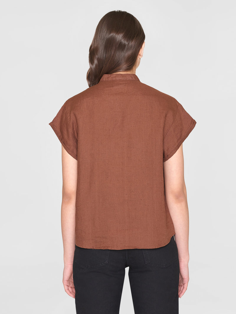 KnowledgeCotton Apparel - WMN Collar stand short sleeve linen shirt Shirts 1441 Tiramisu