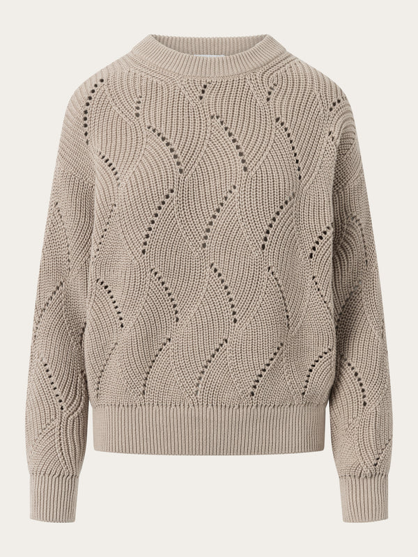 KnowledgeCotton Apparel - WMN Cotton cable crew neck Knits 1228 Light feather gray