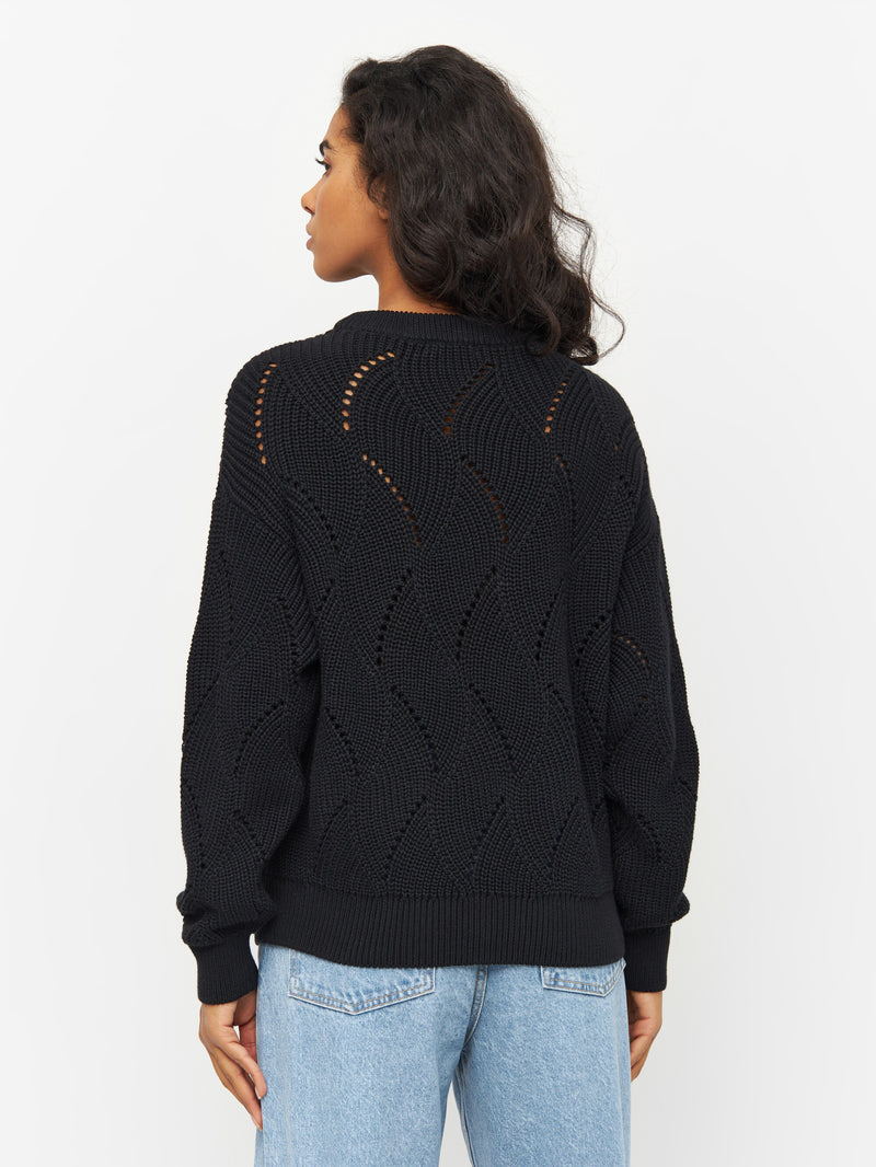 KnowledgeCotton Apparel - WMN Cotton cable crew neck Knits 1300 Black Jet