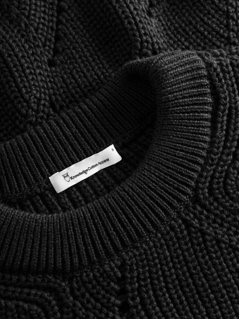 KnowledgeCotton Apparel - WMN Cotton cable crew neck Knits 1300 Black Jet