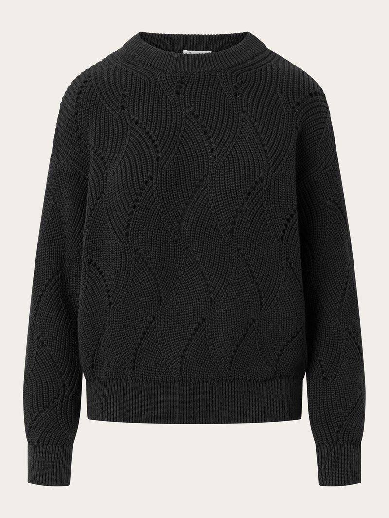 KnowledgeCotton Apparel - WMN Cotton cable crew neck Knits 1300 Black Jet