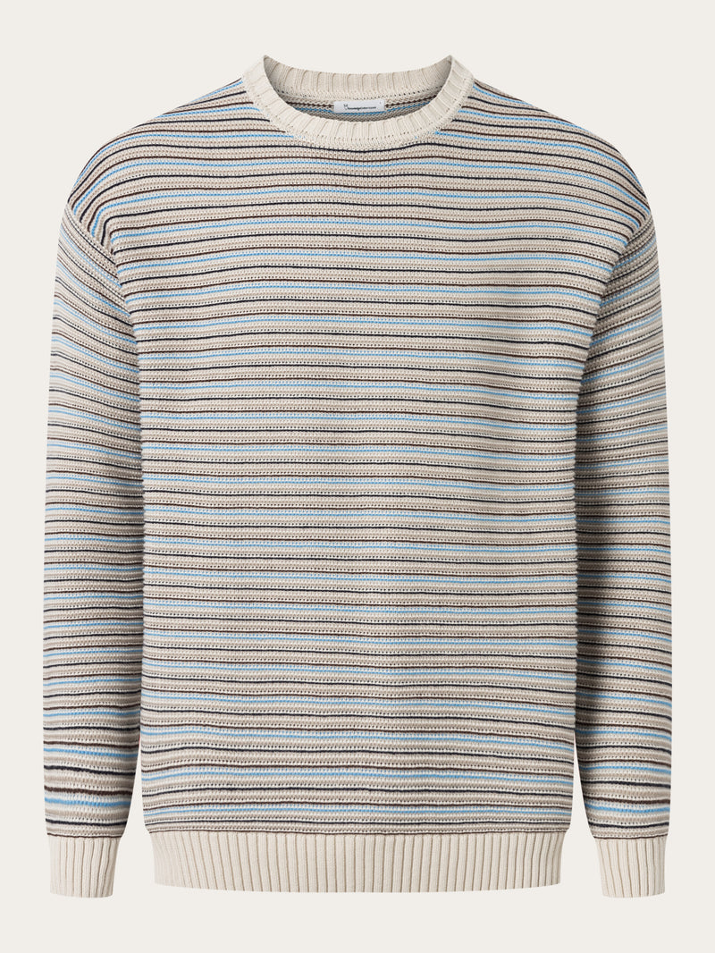 KnowledgeCotton Apparel - MEN Cotton striped knitted crew neck Knits 8030 Beige stripe