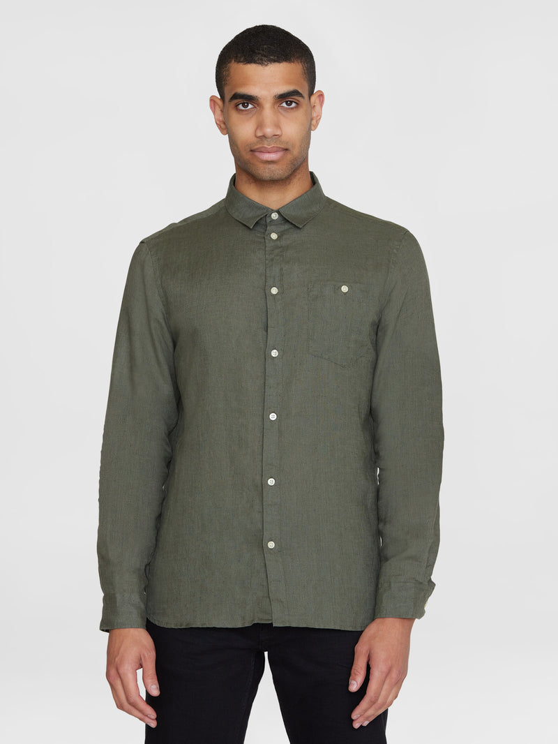 KnowledgeCotton Apparel - MEN Custom fit linen shirt Shirts 1068 Burned Olive