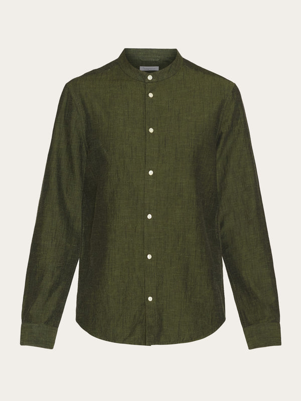 KnowledgeCotton Apparel - MEN Custom fit linen stand collar shirt Shirts 1068 Burned Olive