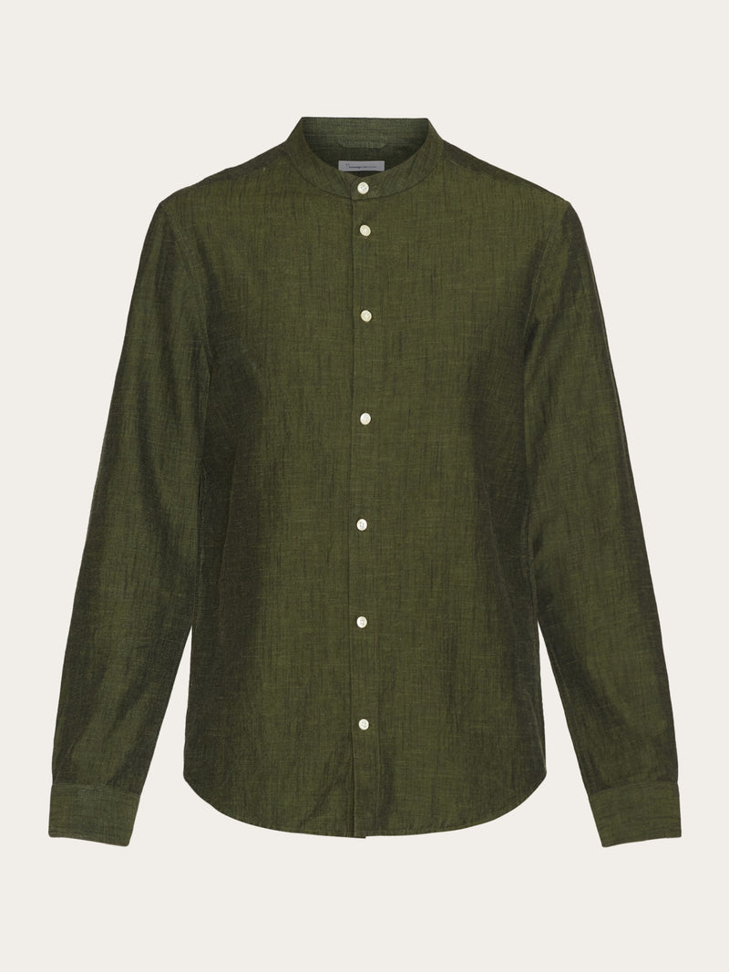 KnowledgeCotton Apparel - MEN Custom fit linen stand collar shirt Shirts 1068 Burned Olive