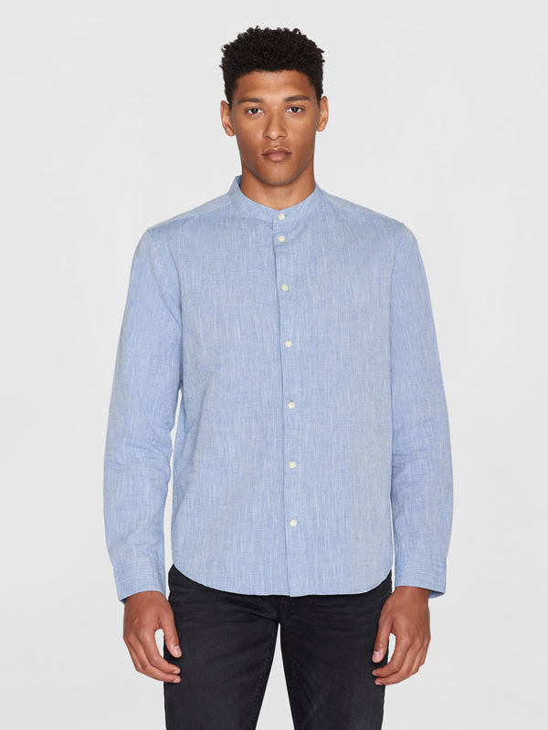 KnowledgeCotton Apparel - MEN Custom fit linen stand collar shirt Shirts 1432 Moonlight Blue