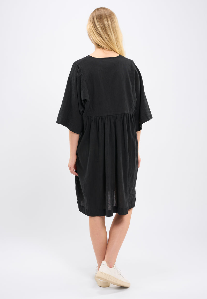 KnowledgeCotton Apparel - WMN HEATHER cotton crepe A-shape dress Dresses 1300 Black Jet