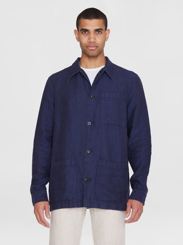 KnowledgeCotton Apparel - MEN Herringbone linen overshirt - GOTS/Vegan Overshirts 1001 Total Eclipse