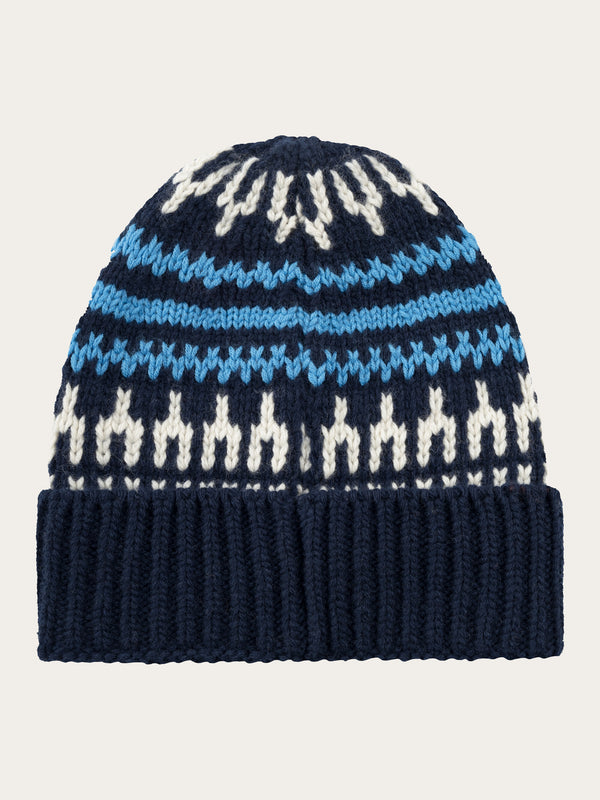 KnowledgeCotton Apparel - UNI High wool beanie with pattern Hats 8021 Blue stripe