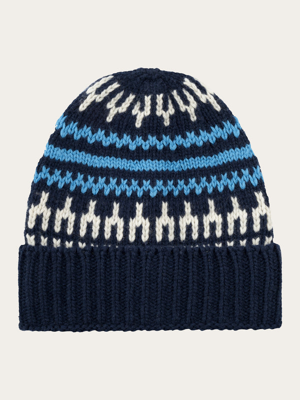 KnowledgeCotton Apparel - UNI High wool beanie with pattern Hats 8021 Blue stripe