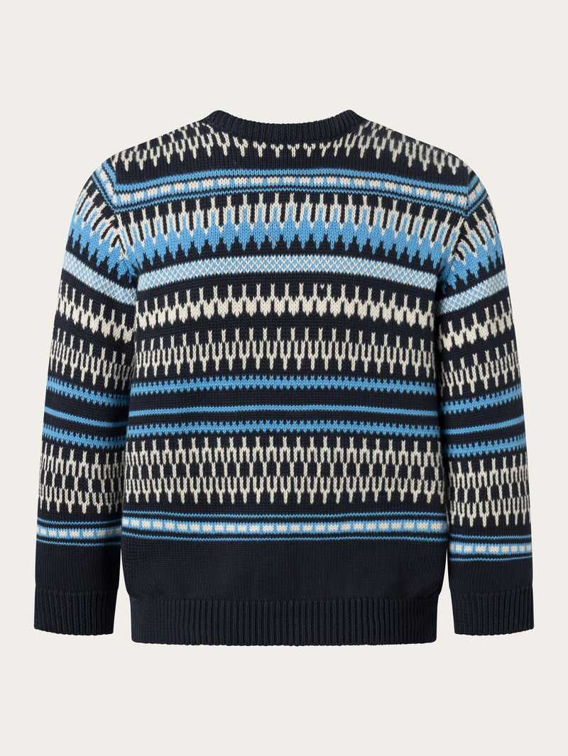 KnowledgeCotton Apparel - YOUNG Jacquard knit cotton crew knit Knits 8021 Blue stripe