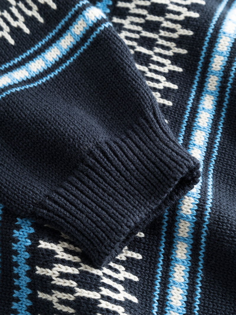 KnowledgeCotton Apparel - YOUNG Jacquard knit cotton crew knit Knits 8021 Blue stripe