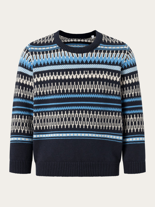 KnowledgeCotton Apparel - YOUNG Jacquard knit cotton crew knit Knits 8021 Blue stripe