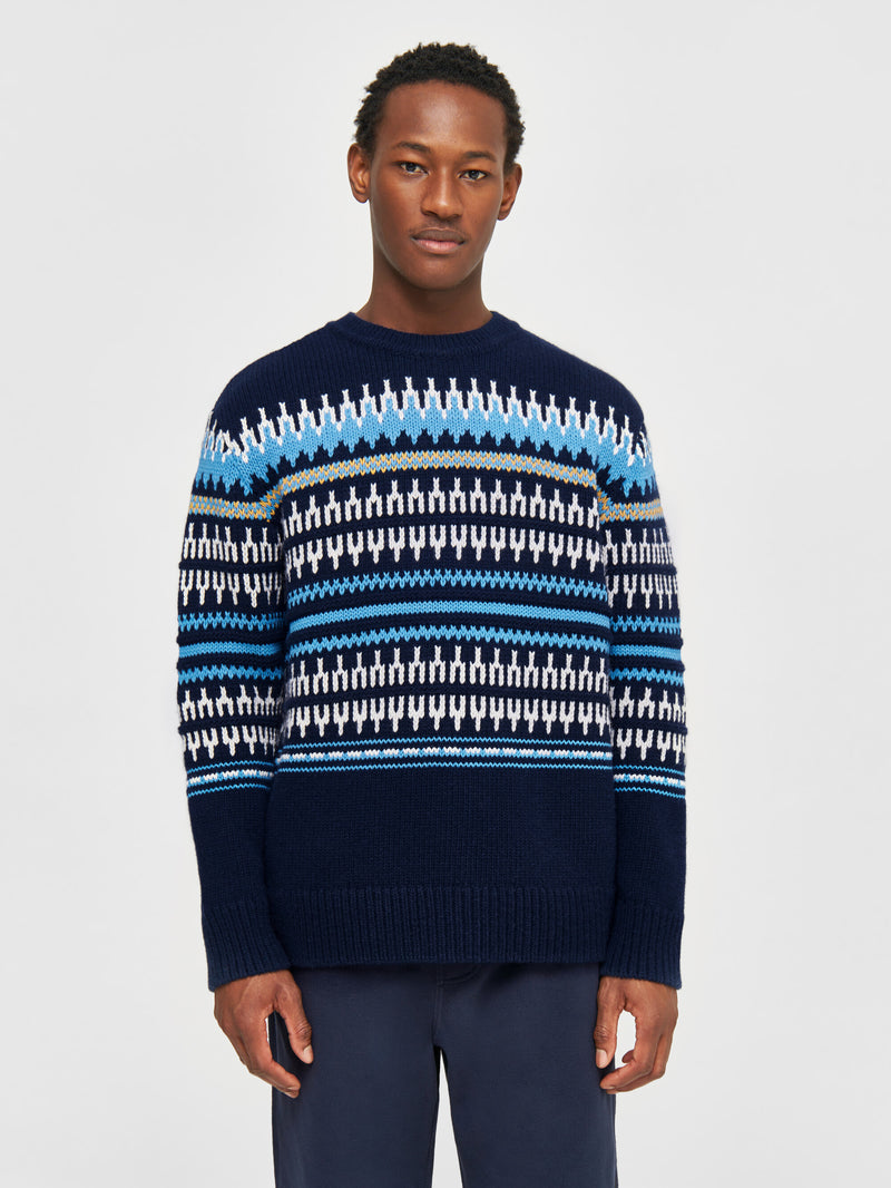 KnowledgeCotton Apparel - MEN Knitted pattern crew neck Knits 8021 Blue stripe