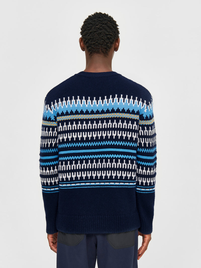 KnowledgeCotton Apparel - MEN Knitted pattern crew neck Knits 8021 Blue stripe