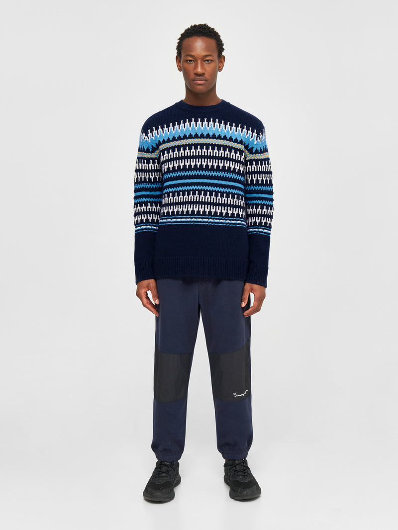 KnowledgeCotton Apparel - MEN Knitted pattern crew neck Knits 8021 Blue stripe