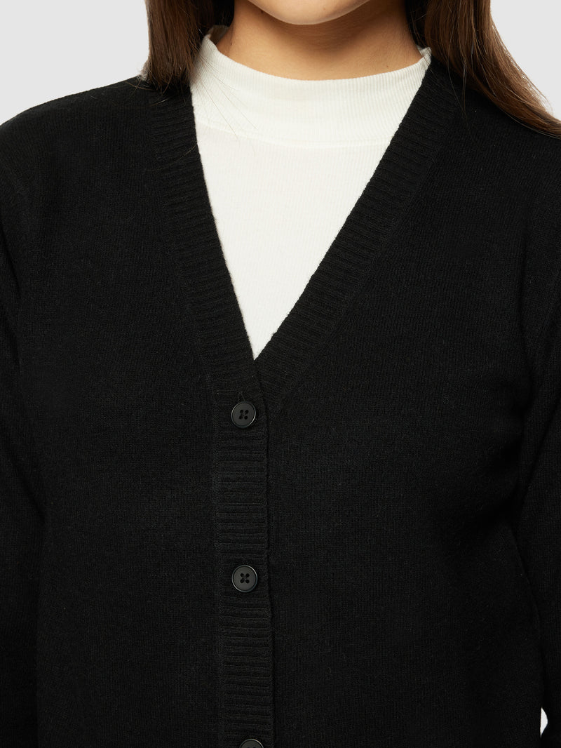 KnowledgeCotton Apparel - WMN Lambswool V-neck Cardigan Knits 1300 Black Jet