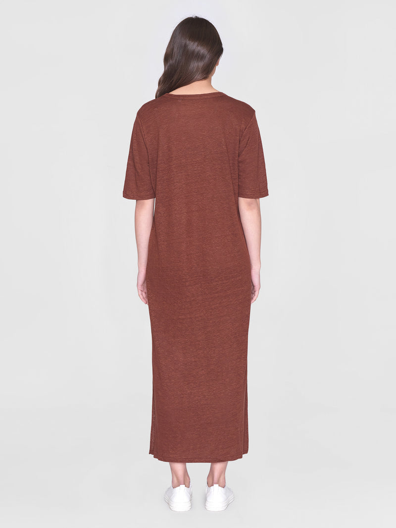 KnowledgeCotton Apparel - WMN Linen short sleeved t-shirt dress Dresses 1441 Tiramisu