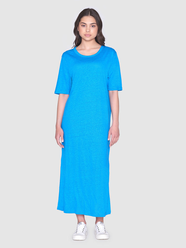 KnowledgeCotton Apparel - WMN Linen short sleeved t-shirt dress Dresses 1445 Malibu Blue