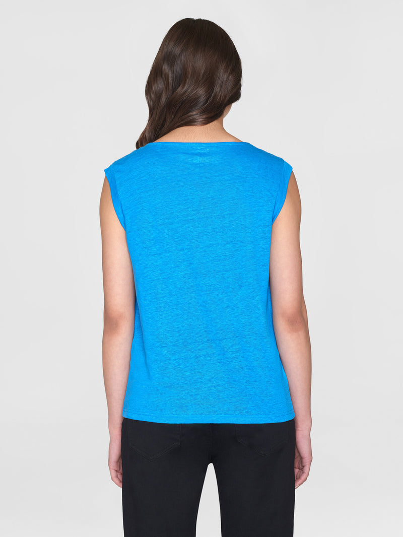 KnowledgeCotton Apparel - WMN Loose fold up linen t-shirt T-shirts 1445 Malibu Blue