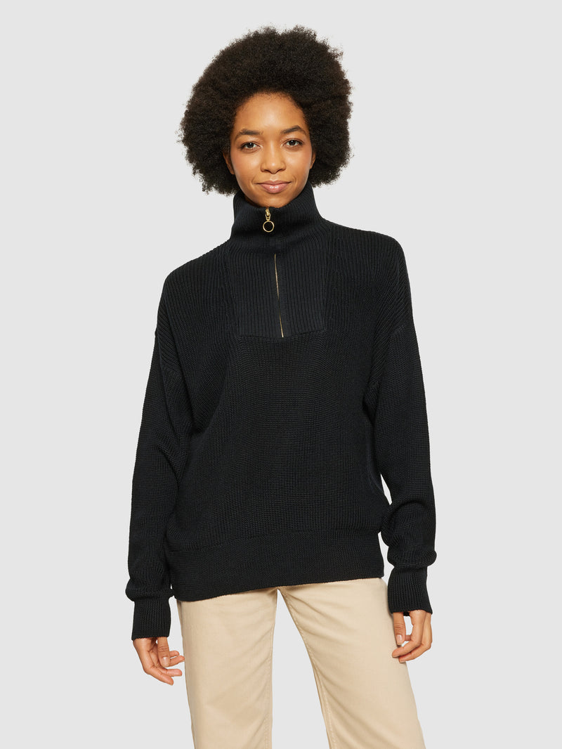 KnowledgeCotton Apparel - WMN Merino half zip high neck Knits 1300 Black Jet