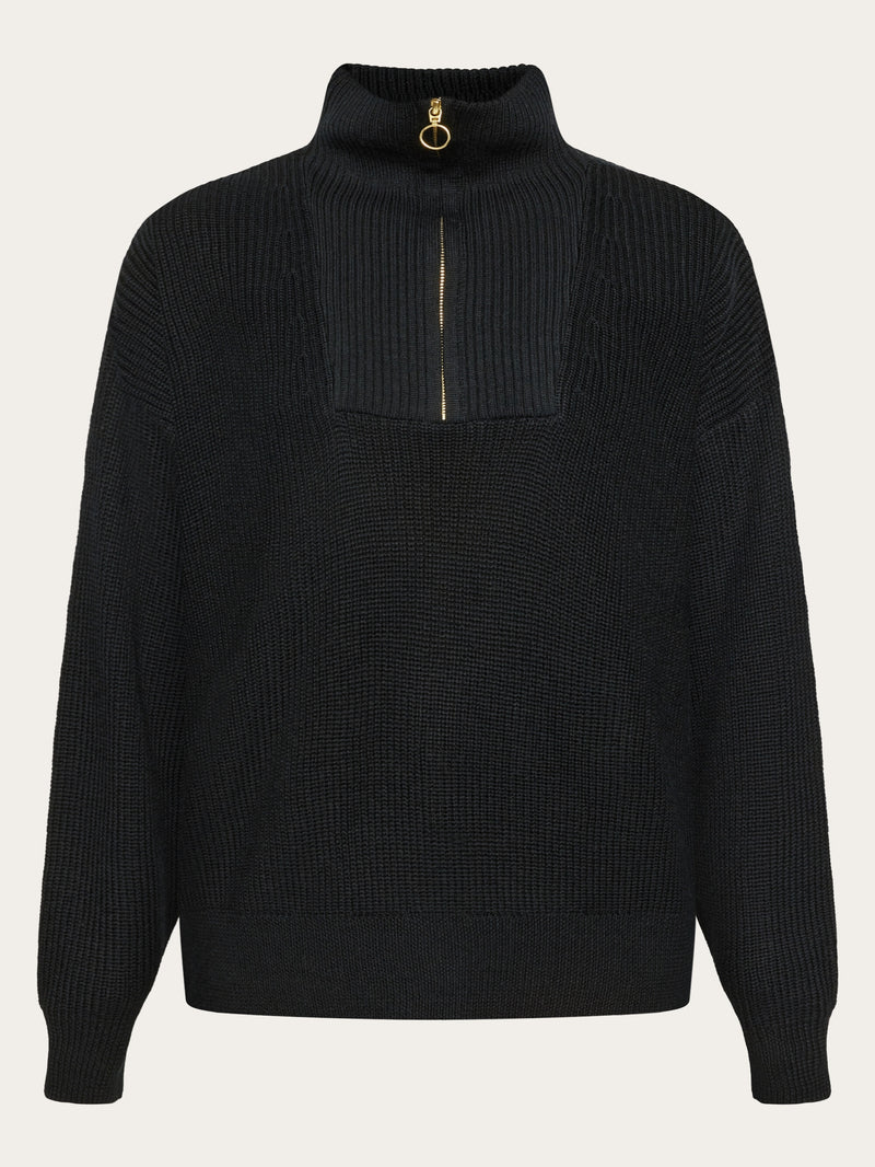 KnowledgeCotton Apparel - WMN Merino half zip high neck Knits 1300 Black Jet