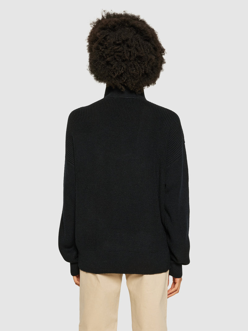 KnowledgeCotton Apparel - WMN Merino half zip high neck Knits 1300 Black Jet