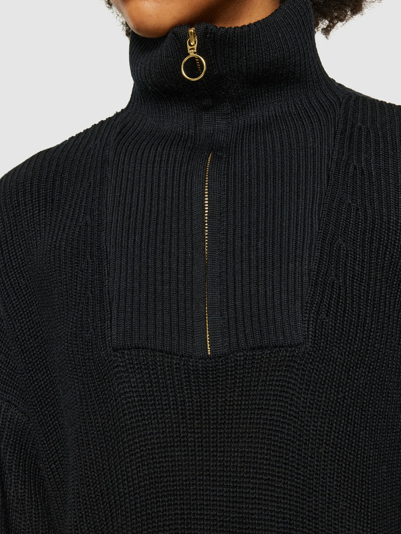 KnowledgeCotton Apparel - WMN Merino half zip high neck Knits 1300 Black Jet