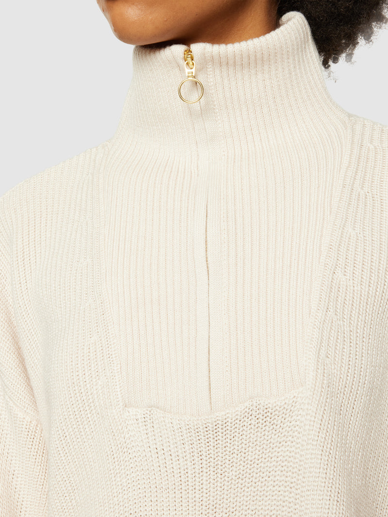 KnowledgeCotton Apparel - WMN Merino half zip high neck Knits 1346 Kelp