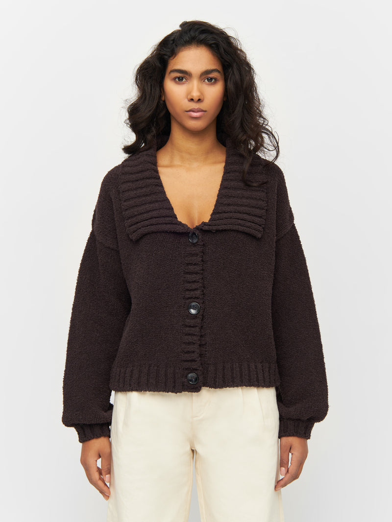 KnowledgeCotton Apparel - WMN Mouline big collar cardigan Knits 1394 Chocolate Plum