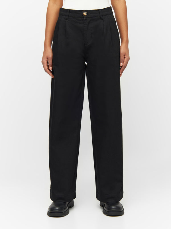 KnowledgeCotton Apparel - WMN POSEY wide high-rise twill pants Pants 1300 Black Jet