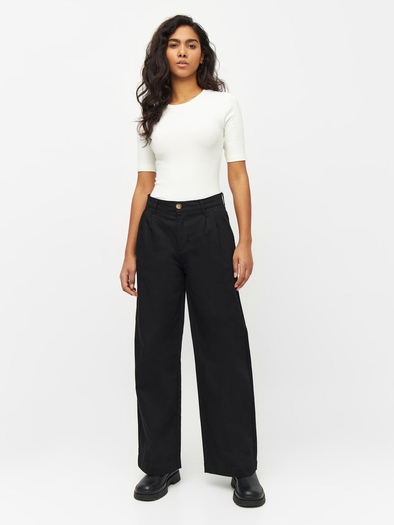 KnowledgeCotton Apparel - WMN POSEY wide high-rise twill pants Pants 1300 Black Jet