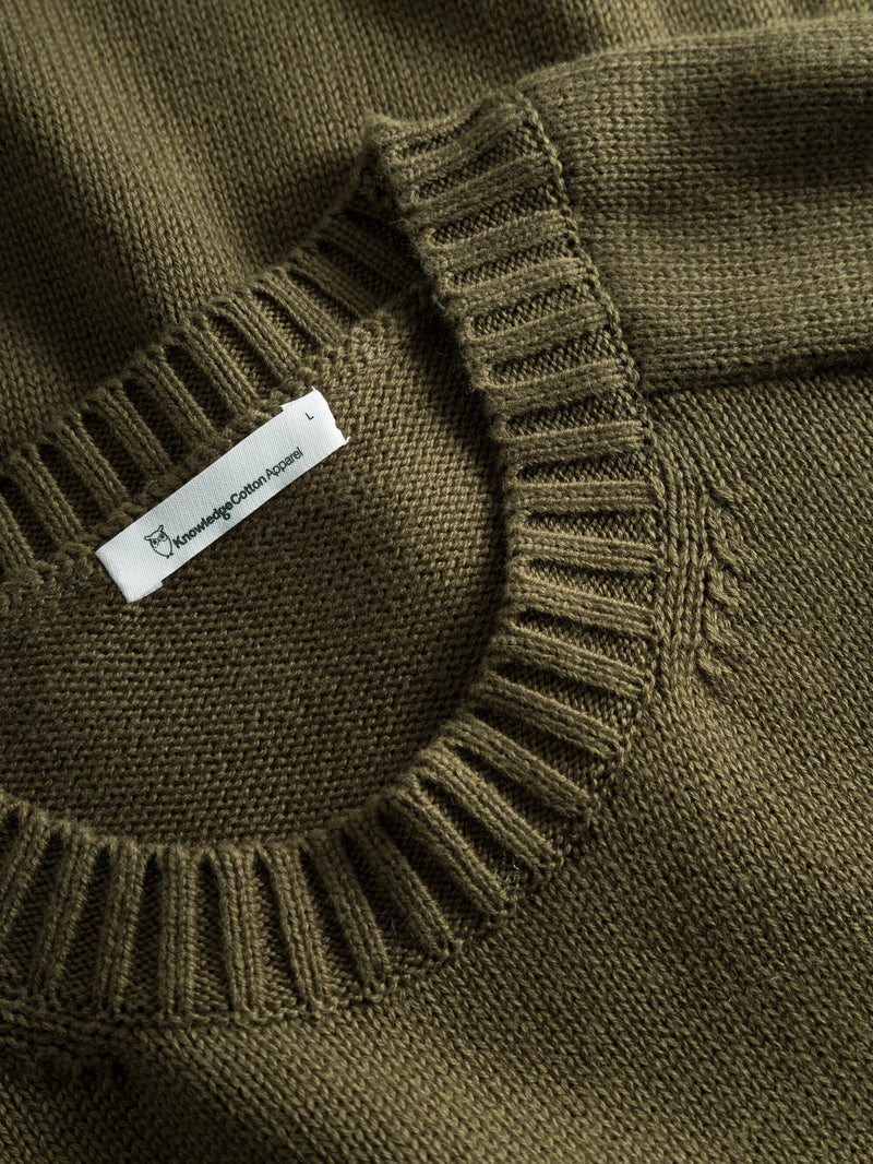 KnowledgeCotton Apparel - MEN Plain knitted crew neck Knits 1100 Dark Olive