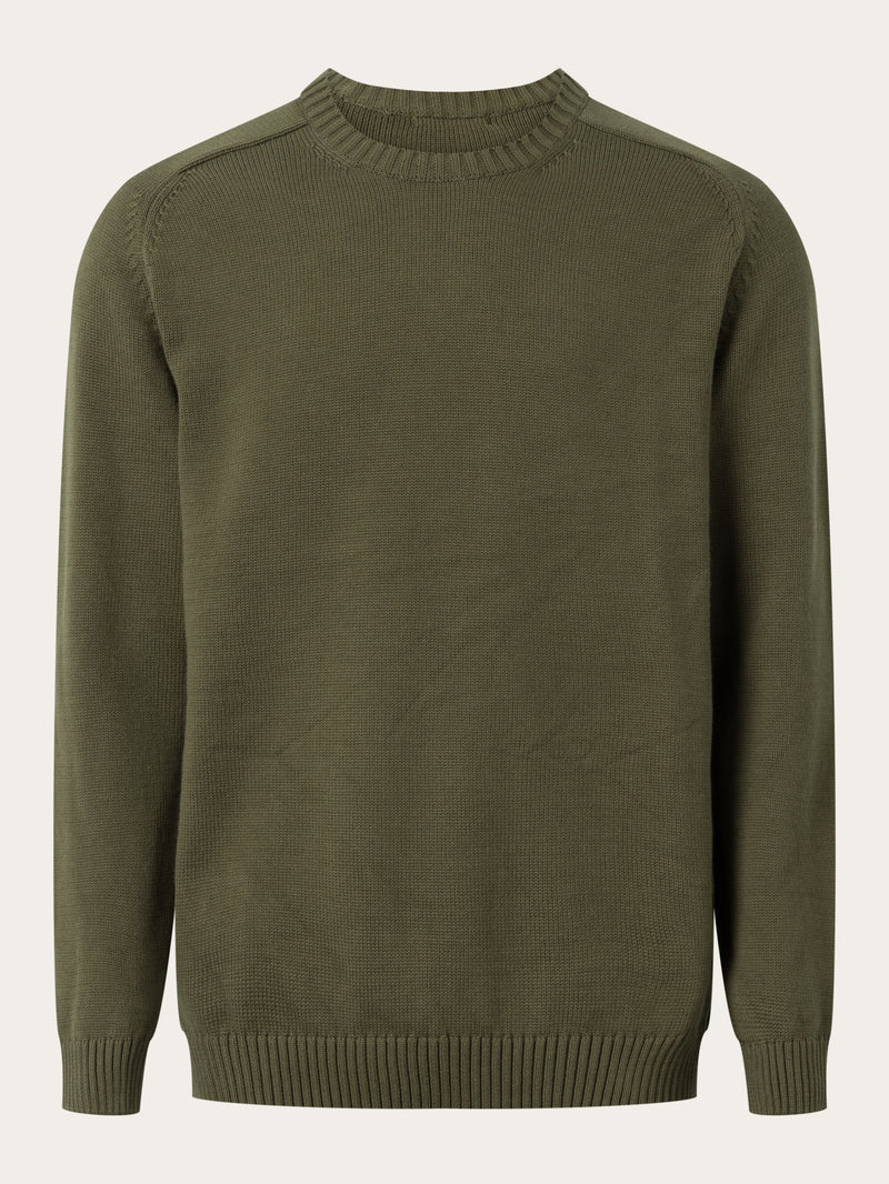 KnowledgeCotton Apparel - MEN Plain knitted crew neck Knits 1100 Dark Olive