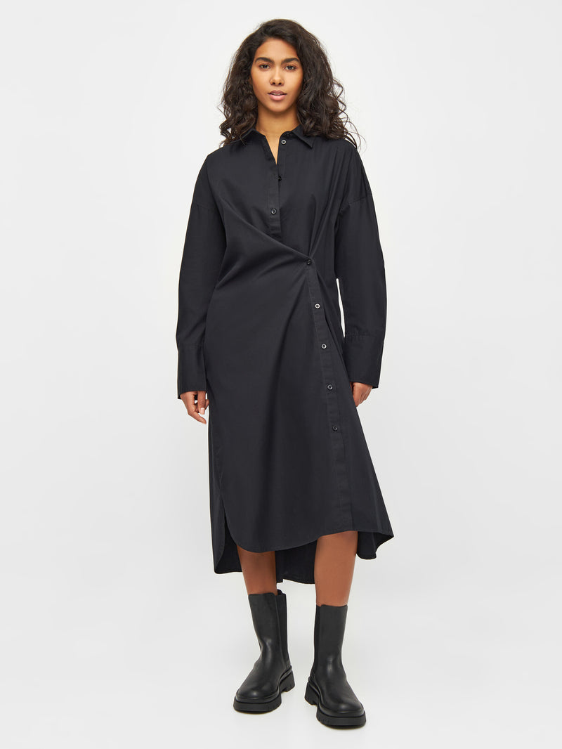 KnowledgeCotton Apparel - WMN Poplin wrap shirt dress Dresses 1300 Black Jet