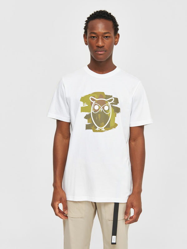 KnowledgeCotton Apparel - MEN Regular fit owl chest print t-shirt T-shirts 1010 Bright White