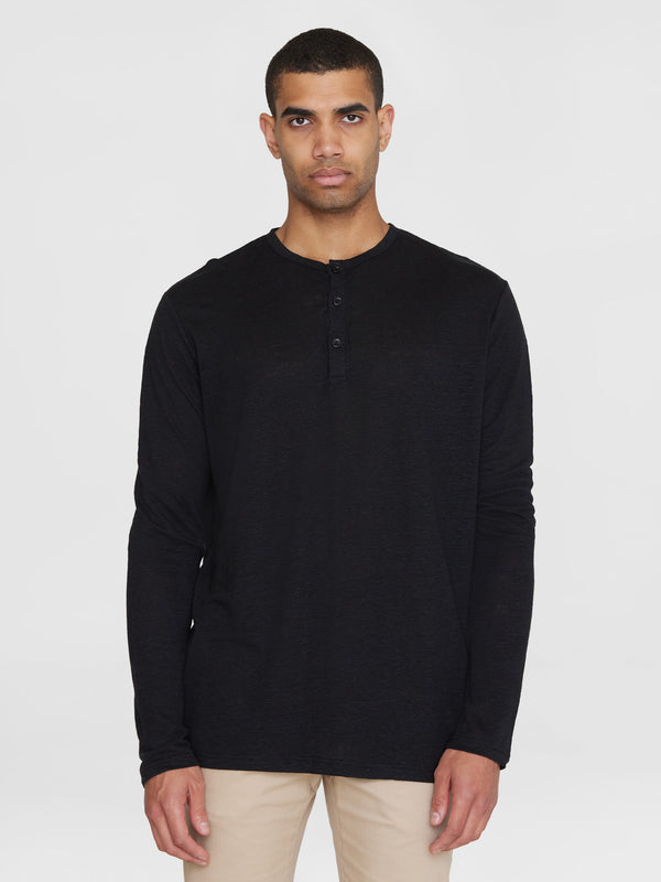 KnowledgeCotton Apparel - MEN Regular linen henley - GOTS/Vegan Henleys 1300 Black Jet