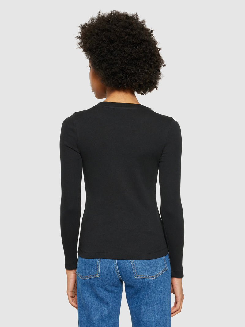 KnowledgeCotton Apparel - WMN Rib Scoop neck long sleeved T-shirts 1300 Black Jet