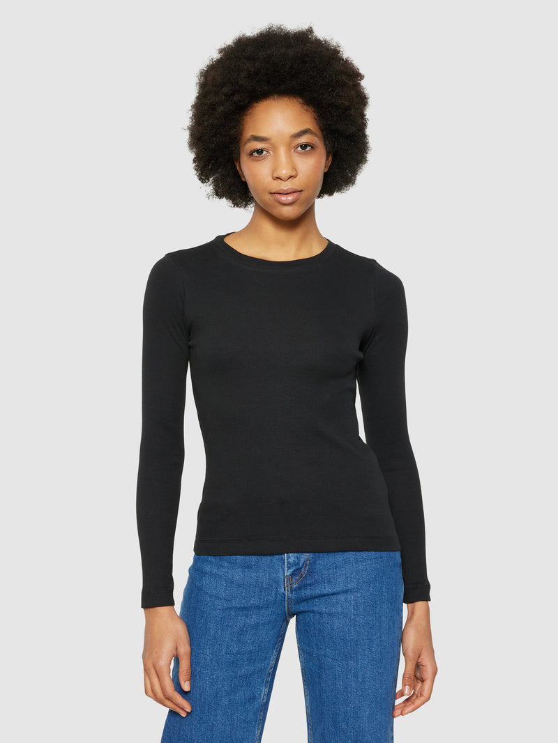 KnowledgeCotton Apparel - WMN Rib Scoop neck long sleeved T-shirts 1300 Black Jet