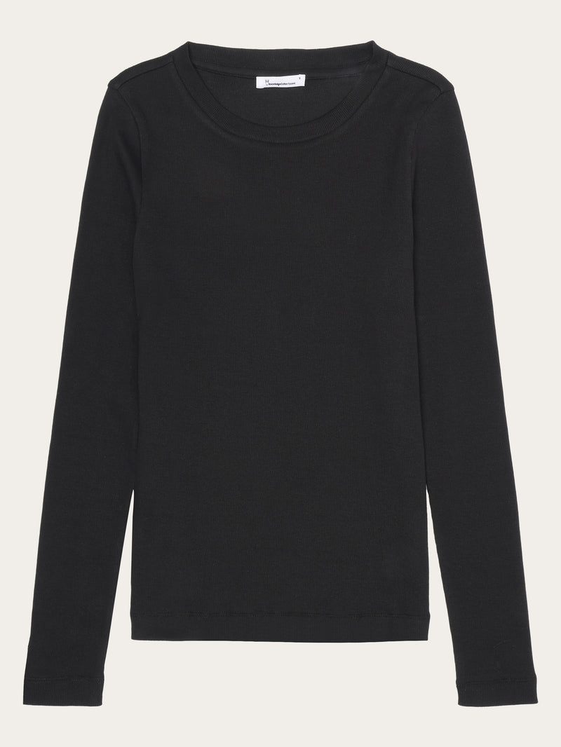 KnowledgeCotton Apparel - WMN Rib Scoop neck long sleeved T-shirts 1300 Black Jet