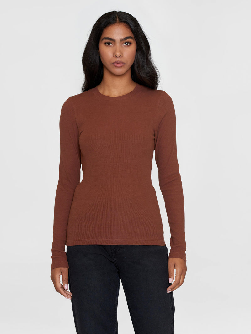 KnowledgeCotton Apparel - WMN Rib Scoop neck long sleeved T-shirts 1441 Tiramisu