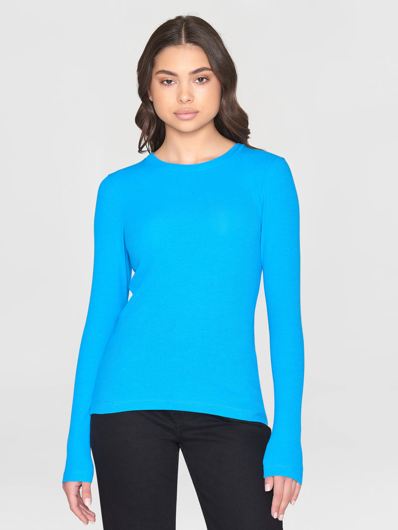 KnowledgeCotton Apparel - WMN Rib Scoop neck long sleeved T-shirts 1445 Malibu Blue